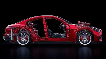 Poster - Mechanical disassembly of vehicles, showcasing intricate components and structures, emphasizing the complexity and artistry of automotive engineering in an open environment.