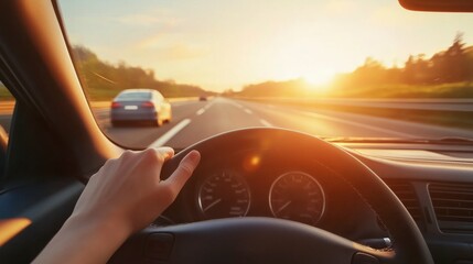 hands of car driver on steering wheel - sunny day road trip on highway for automotive and safety cam