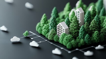 Miniature model of a forest city with green trees and buildings, illustrating sustainability and nature conservation.