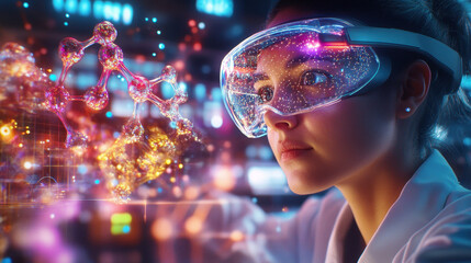Aufkleber - pharmaceutical researcher is using augmented reality technology to analyze molecular structures in high tech laboratory. vibrant visuals enhance her focus and determination