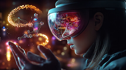 Aufkleber - pharmaceutical researcher is immersed in augmented reality, exploring complex data visualizations and molecular structures. scene captures blend of technology and innovation, showcasing future of