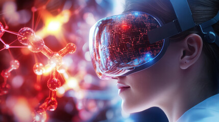 Aufkleber - pharmaceutical researcher is immersed in augmented reality, exploring molecular structures and data visualization. vibrant colors and advanced technology create inspiring atmosphere