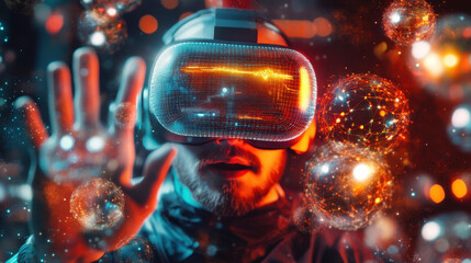 Aufkleber - Immersed in virtual world, researcher explores augmented reality technology, interacting with digital elements that represent complex data and molecular structures