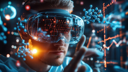 Aufkleber - pharmaceutical researcher is immersed in augmented reality, analyzing molecular structures and data visualizations. futuristic environment enhances his focus and creativity