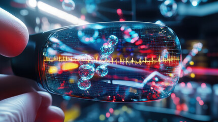 Aufkleber - Innovative augmented reality glasses display molecular structures and data, showcasing intersection of technology and pharmaceutical research. vibrant colors and intricate details highlight advanced