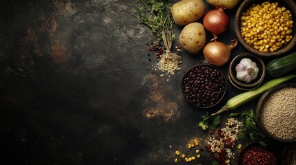 Wall Mural - A variety of fresh ingredients, including corn, beans, potatoes, onions, zucchini, rice, and herbs, arranged on a rustic background.