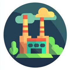 Stylized industrial factory with smokestacks and greenery, modern vector illustration.