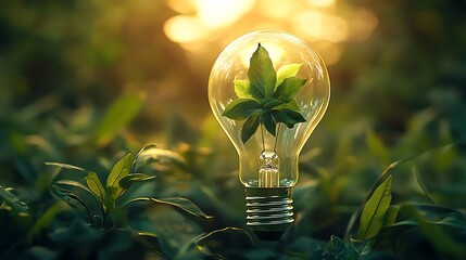 Light Bulb With Green Plant Inside, Nature Concept