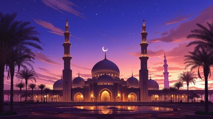 Wall Mural - Illustration of Mosque with Domes and Minarets under Crescent Moon at Night 