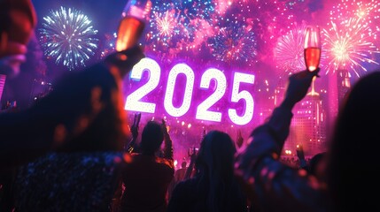 A festive New Year's Eve 2025 celebration with a large, illuminated 