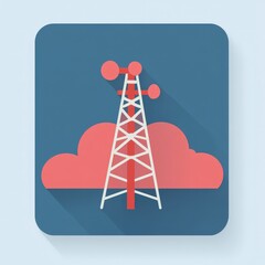 Telecommunication tower illustration with clouds, minimalistic design on a light blue background.