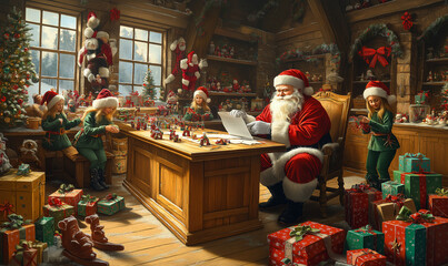 Wall Mural - A busy Santa's workshop with elves making toys and wrapping presents, while Santa checks his list at a wooden desk