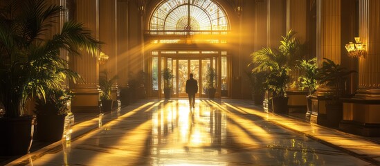 A lone figure walks through a grand building illuminated by golden light streaming through a large arched window.