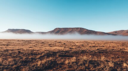 A barren desert plateau with fog creeping over the edges, creating a stark contrast between the clear foreground and the misty background