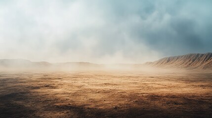 A barren desert plateau with fog creeping over the edges, creating a stark contrast between the clear foreground and the misty background