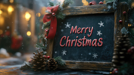 christmas greeting sign adorned with festive decorations and snowflakes.