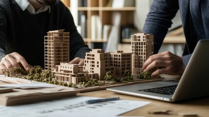 Wall Mural - Business colleagues reviewing a laptop, with small building models beside them, representing real estate development strategies and future planning.