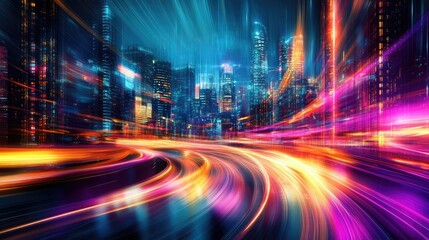 Poster - A vibrant abstract background with swirling neon lights, motion blur, and a futuristic cityscape feel.