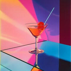 A martini glass with a cherry on a stick sits on a reflective surface with a pink and blue gradient background.