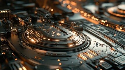 Leinwandbilder - An abstract futuristic background with metallic shapes and circuits, giving a tech-inspired, high-tech vibe.