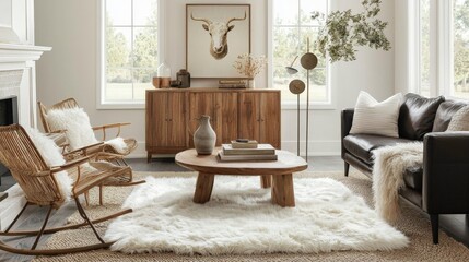 Wall Mural - a rectangular sheepskin rug in a modern farmhouse living room