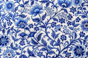 detailed blue and white chinoiserie pattern with interwoven vines and blossoms vintage porcelain sty