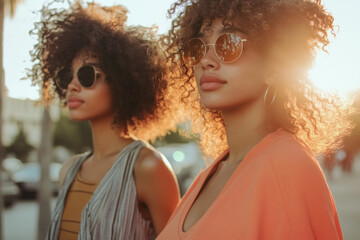 Golden hour portrait of two African American women, their curly hair backlit and aglow with the sunset.