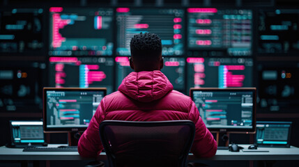 Aufkleber - focused individual in red jacket works at multiple computer screens displaying data and analytics in high tech environment. vibrant LED lights create engaging atmosphere