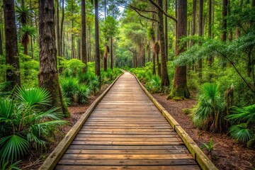  Dirt path with wooden boardwalk through dense low country forest Extreme Close-Up