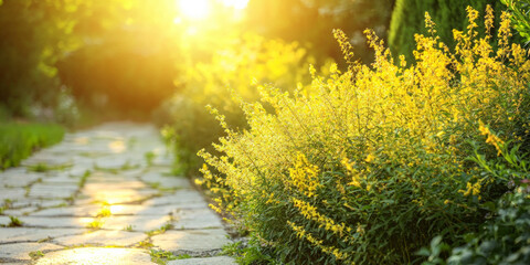 Wall Mural - yellow and green foliage with sunlight shining on it, generative ai