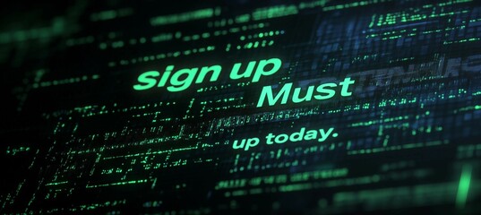 Sign Up Now - Digital Green Text on Black Background