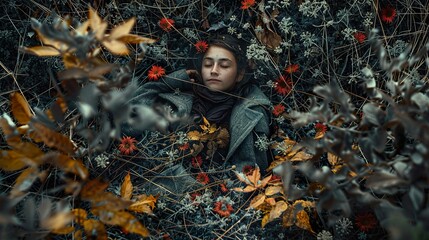 Poster - Woman Sleeping in a Forest of Red Flowers