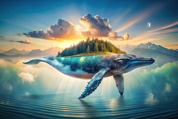 Wall Mural - double exposure photo showing nature and whale