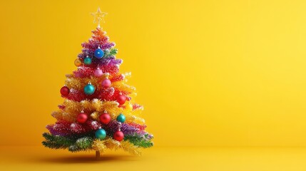 A whimsical Christmas tree featuring bright rainbow-colored decorations, set against a cheerful yellow background, radiating joy and playfulness.