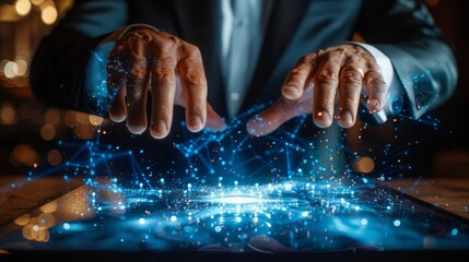 Poster - Man's Hands Interacting with Blue Glowing Network on Tablet