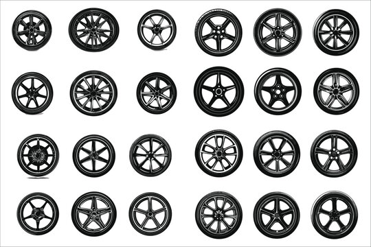 Black silhouettes of car wheel set. Car wheel silhouettes collection vector. Vector car wheel silhouettes. Vector illustrations of car wheel silhouettes set. Vector art of car wheel silhouettes icons