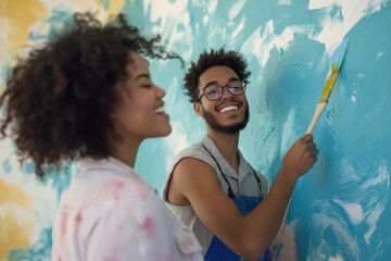 Man and woman painting wall together, focused and smiling. Brushes in hand, surrounded by paint cans and tools. Cooperative teamwork in home renovation.