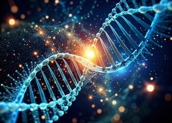 Poster - Futuristic Glowing DNA Strand Abstract Art Showcasing Biotechnology Advancements and Data Science Fusion on Dark