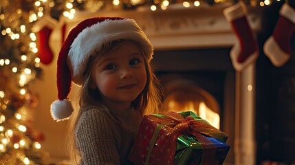 girl in a Santa hat holding a colorful present, standing in front of a fireplace adorned with stockings and twinkling lights.