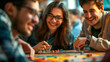 © MikeLegend - Friends gathered around a colorful board game table, enjoying a lively game night filled with laughter and friendly competition