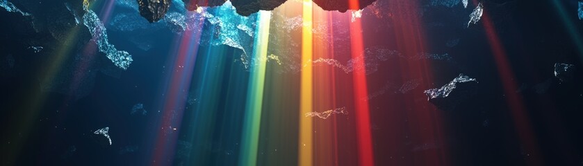 Poster - a mesmerizing underwater scene with vibrant rays of light casting colorful reflections on the ocean 