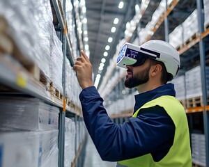 Poster - A warehouse worker using virtual reality technology to manage inventory efficiently on a stock shelf.