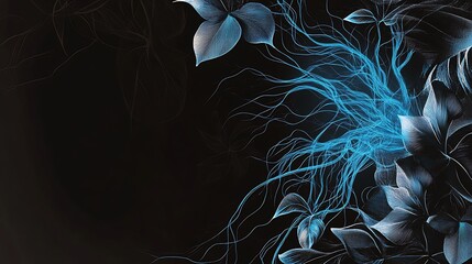 Abstract floral design with glowing blue tendrils against a black background.