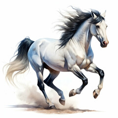 powerful white and black horse running freely white background