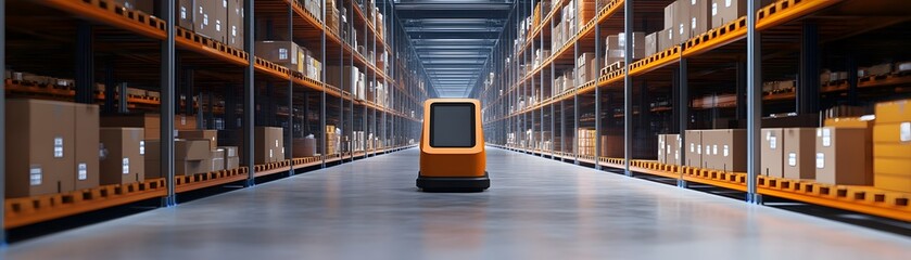 Poster - A modern warehouse interior with automated equipment and neatly organized boxes, showcasing efficient logistics operations.