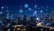 © Ytnart - A futuristic city skyline illuminated at night, featuring digital connections and data visuals representing smart technology.