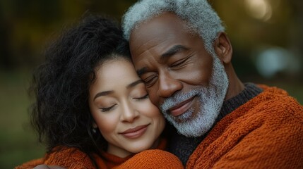 Poster - A joyful interracial couple embraces under the sun, capturing love and warmth in a serene outdoor setting.