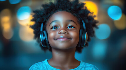 A joyful young boy enjoys his music on a lively city street at night, showcasing the beauty of urban life and technology.