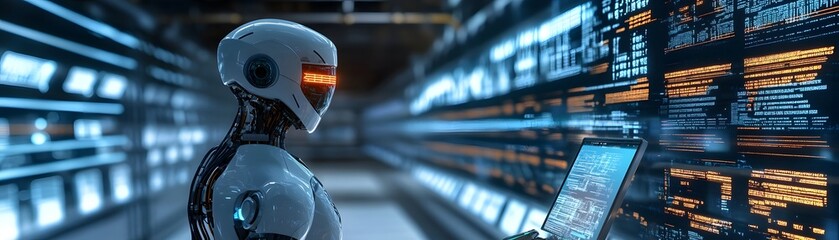 Poster - Futuristic robot interacting with technology in a data center, showcasing advanced AI and innovation in a digital world.