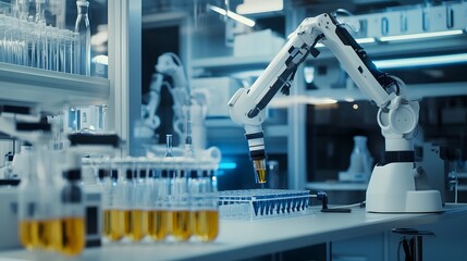 Poster - a robotic arm works in a modern laboratory, handling test tubes filled with yellow liquid, showcasin